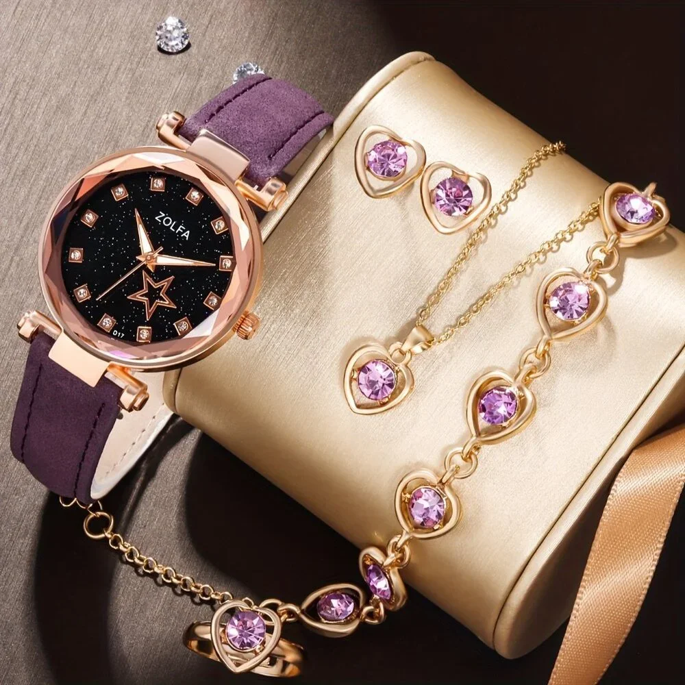 5 pcs Quartz Pu Leather Wrist Watch and Necklace Set - Picture 1 of 8